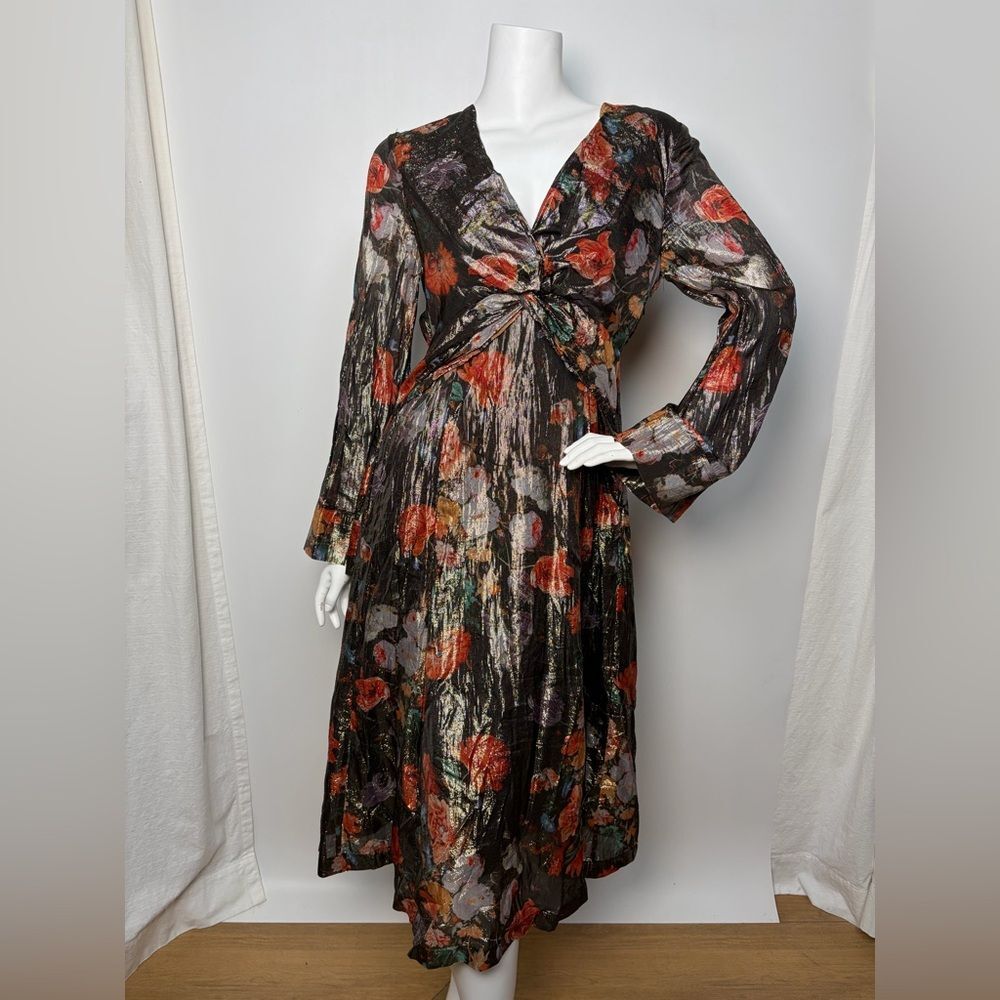 Anthropologie x Caballero Deep V-Neck Metallic Floral Midi Dress Size Medium
